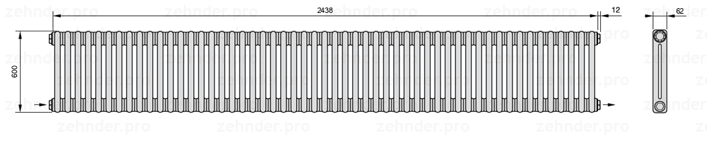 Схема (чертеж) Радиатор Zehnder Charleston 2060/53 №2670 Белый глянцевый RAL 9016
